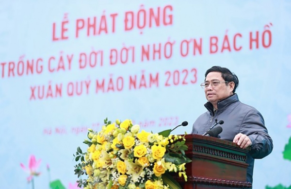 Thủ tướng Phạm Minh Chính phát động Tết trồng cây đời đời nhớ ơn Bác Hồ. Ảnh: TTXVN