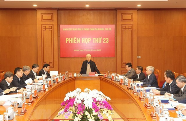 Tổng Bí thư Nguyễn Phú Trọng, Trưởng Ban Chỉ đạo chủ trì phiên họp thứ 23 của Ban Chỉ đạo Trung ương về phòng, chống tham nhũng, tiêu cực. Ảnh: TTXVN.