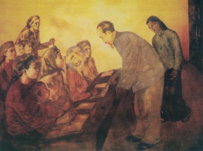 Bác Hồ thăm lớp bình dân học vụ (tranh của họa sĩ Mai Văn Nam). Nguồn: Bảo tàng Cách mạng Việt Nam