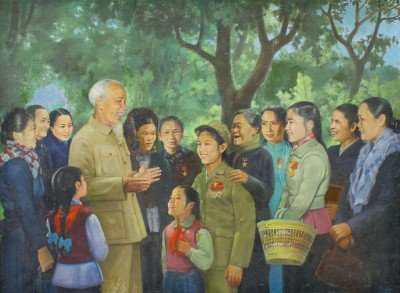 “Bác Hồ với nữ chiến sĩ thi đua miền Bắc”, tranh sơn dầu (1967) của họa sĩ Vương Trình _Nguồn: Bảo tàng Mỹ thuật Việt Nam