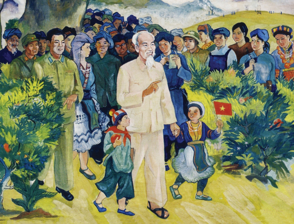Bác Hồ với nữ chiến sĩ thi đua miền Bắc _Tranh của họa sĩ Vương Trình, sáng tác năm 1967