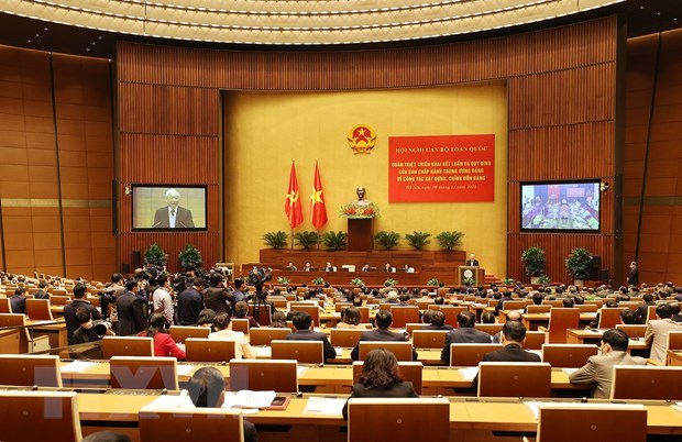 Tổng Bí thư Nguyễn Phú Trọng chủ trì Hội nghị cán bộ toàn quốc về công tác xây dựng, chỉnh đốn Đảng ngày 9/12. (Ảnh: Trí Dũng/TTXVN)