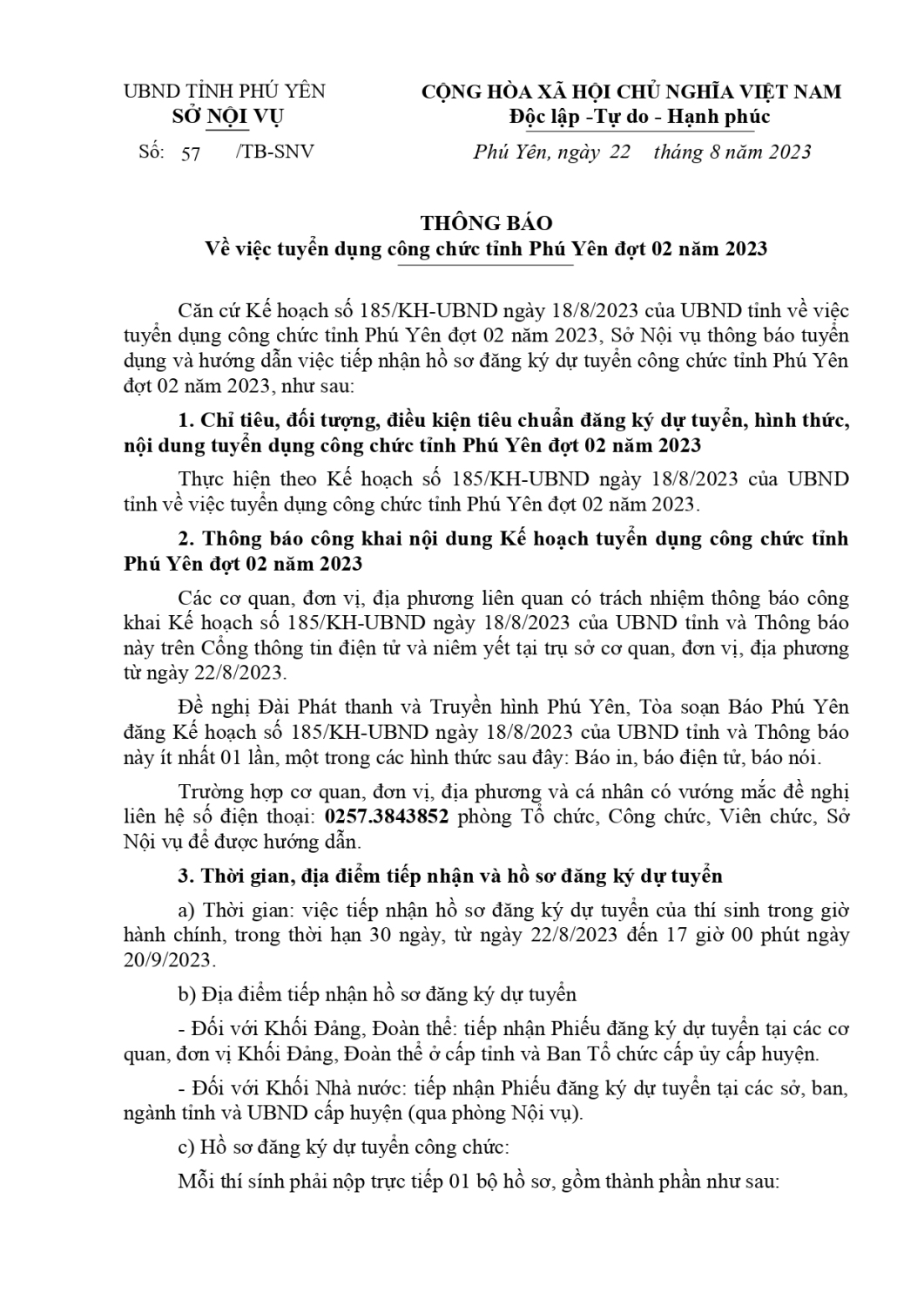 So Noi vu TB 57 TB triển khai kế hoạch tuyển dụng công chức tỉnh Phú Yên đợt 02 năm 2023 page 0001