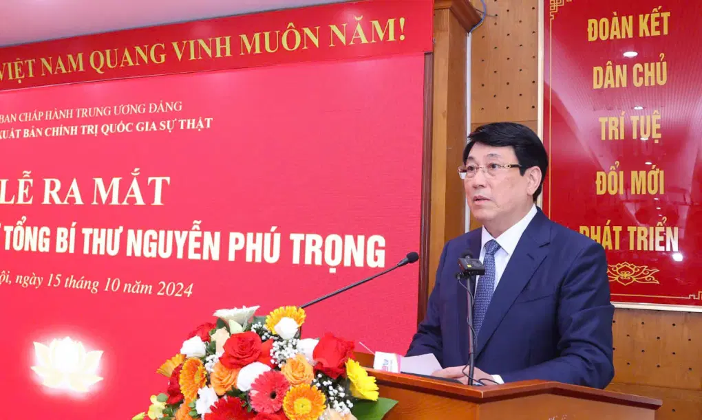 Đồng chí Lương Cường, Ủy viên Bộ Chính trị, Thường trực Ban Bí thư phát biểu tại Lễ ra mắt Tủ sách điện tử Tổng Bí thư Nguyễn Phú Trọng